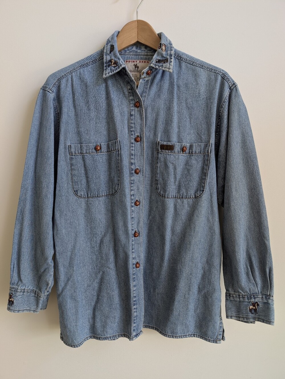 Vintage 100% Cotton Blue Denim Chambray Button Down Shirt With Horse Embroidery